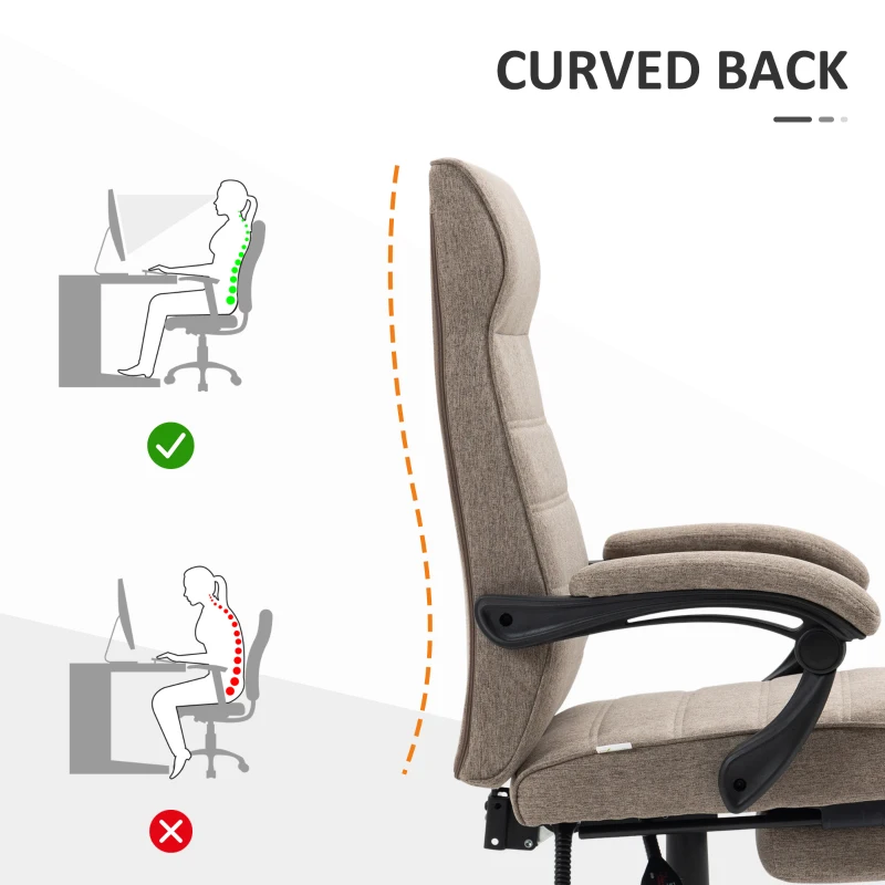 Vinsetto Office Chair, Linen High Back Computer Desk Chair, Swivel Recliner with Adjustable Height, Footrest and Padded Armrest, Brown