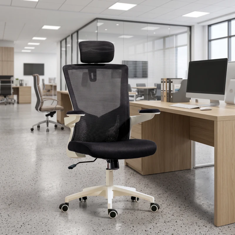 HOMCOM Ergonomic Office Chair, Swivel Desk Chair with Adjustable Lumbar Support, Headrest and Height, Flip-up Armrests, Black