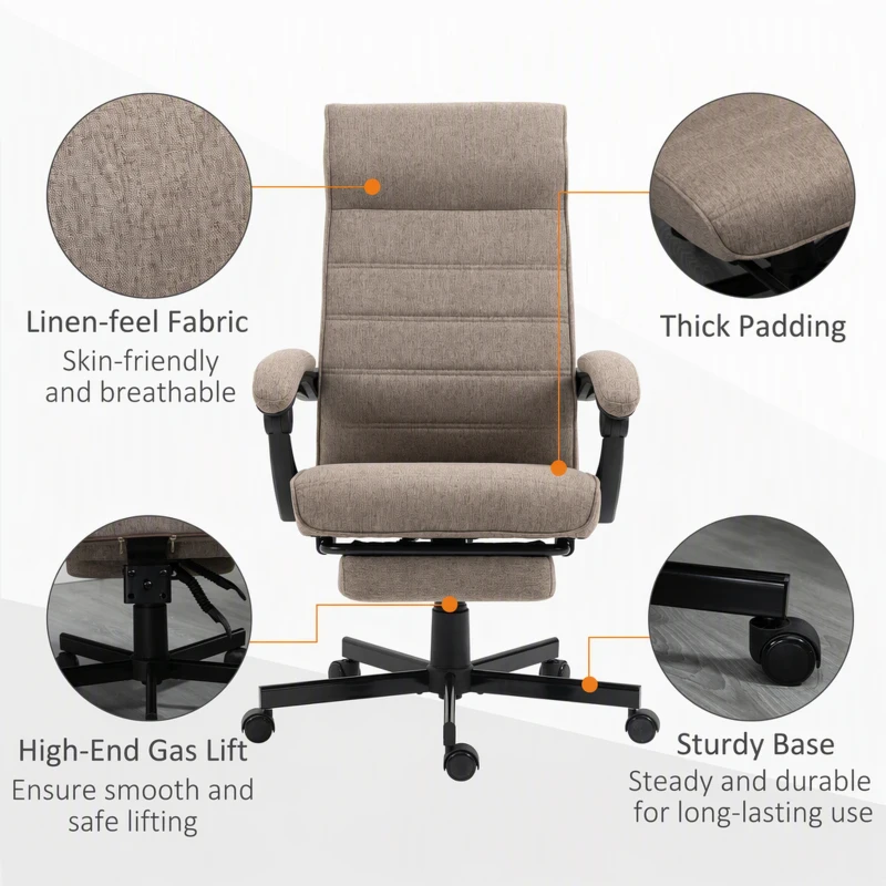 Vinsetto Office Chair, Linen High Back Computer Desk Chair, Swivel Recliner with Adjustable Height, Footrest and Padded Armrest, Brown