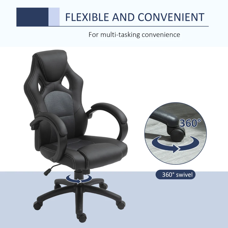 HOMCOM Racing Gaming Chair Office Chair Computer Desk Gamer Chair with Swivel Wheels, Padded Headrest, Tilt Function, Grey