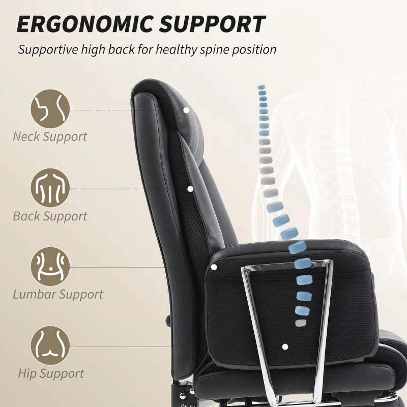 HOMCOM Reclining Office Chair, Overstuffed Executive Desk Chair with High Back, PU Leather, Footrest, Swivel Wheels, Black