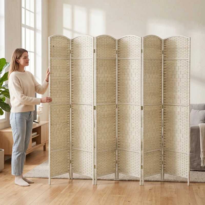 HOMCOM Folding Room Divider Screen 6 Panel 6' Tall Privacy Screen Freestanding Wood Partition for Home Office, Washed Oak