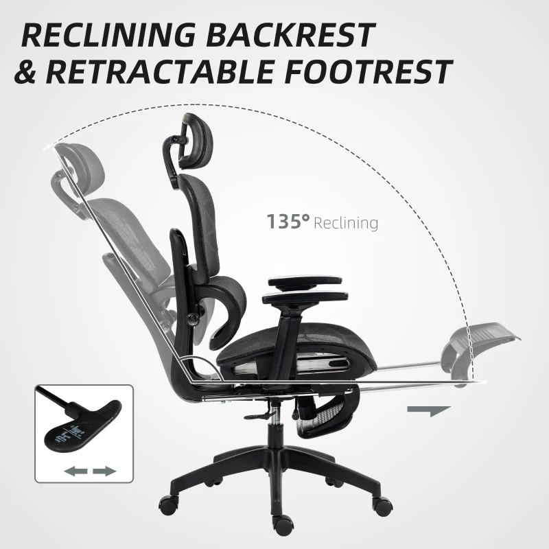 HOMCOM Mesh Office Chair with 3D Armrest, High Back Desk Chair with Lumbar Support, 135° Reclining, Adjustable Headrest, Black