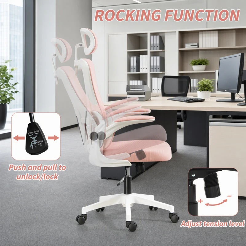 Vinsetto High Back Office Chair, Mesh Computer Desk Chair with Rotatable Headrest, Lumbar Back Support, Adjustable Height, Pink