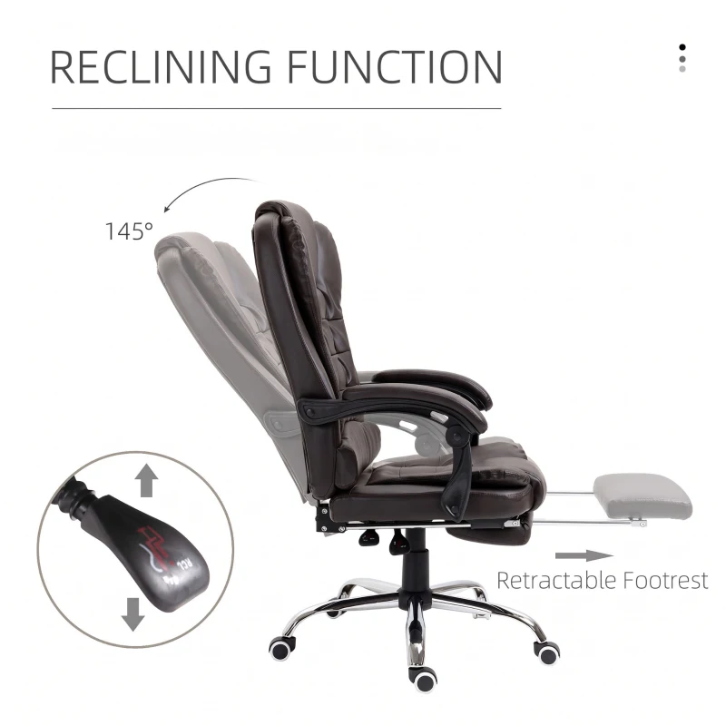 HOMCOM High Back Office Chair PU Leather Executive Office Chair with Retractable Footrest Padded Armrest Coffee
