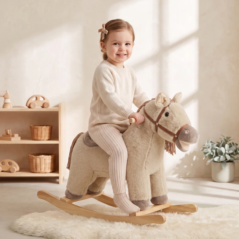 Qaba Baby Rocking Horse for Boys and Girls, Kids Rocking Horse with Realistic Sounds and Anti-Tip limiters