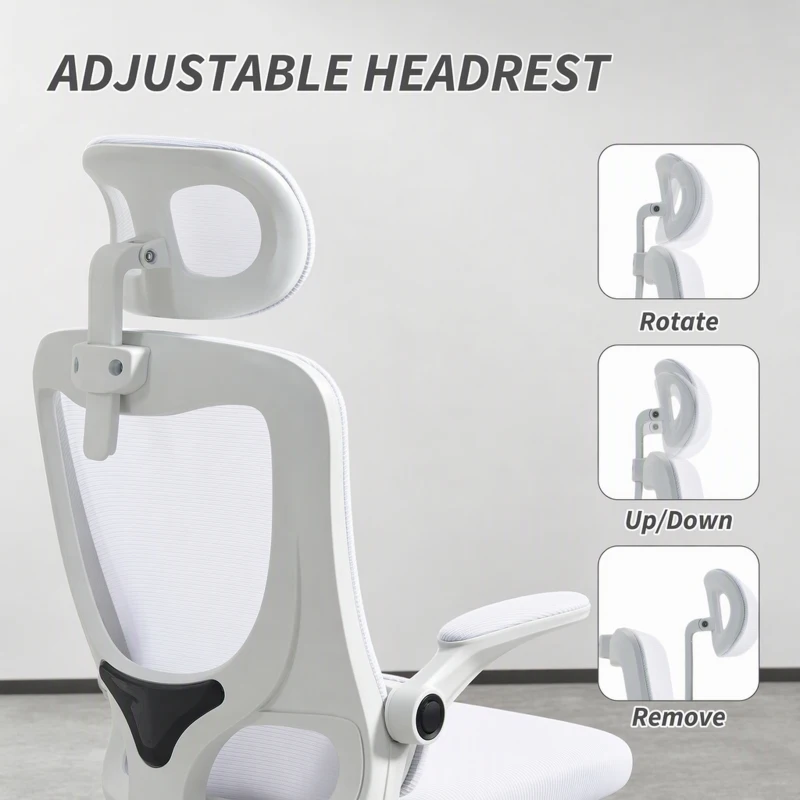 Vinsetto High Back Office Chair, Mesh Computer Chair with Rotatable Headrest, Lumbar Back Support, Adjustable Height, Cream White