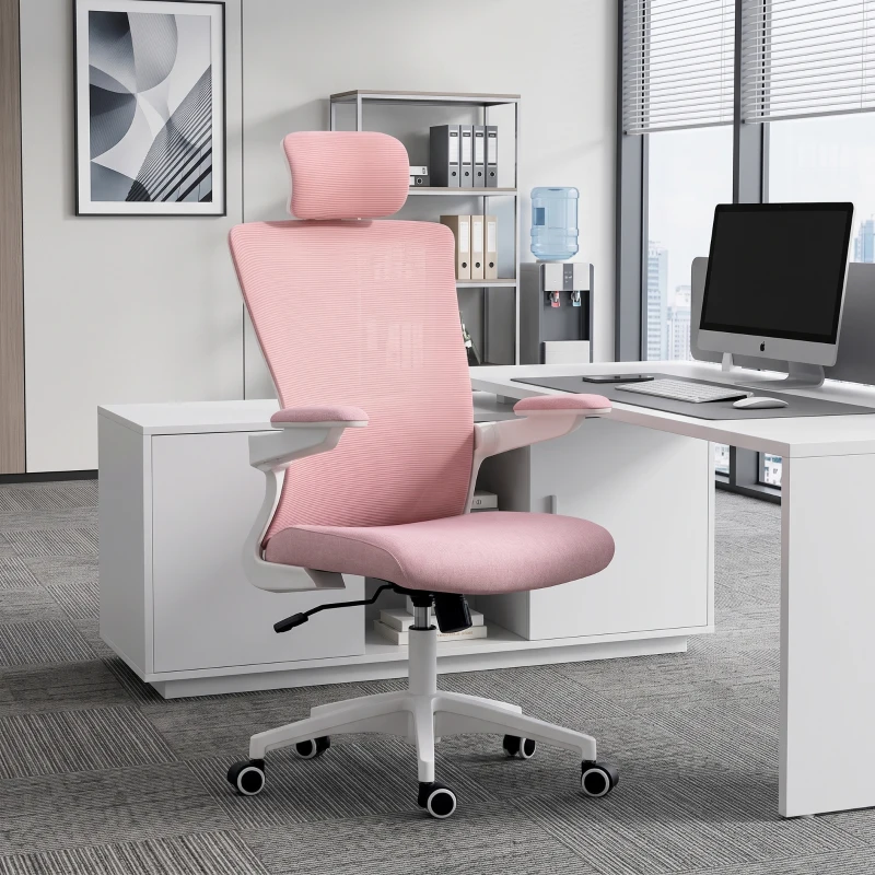 HOMCOM Ergonomic Office Chair, Swivel Desk Chair with Adjustable Lumbar Support, Headrest and Height, Flip-up Armrests, Pink