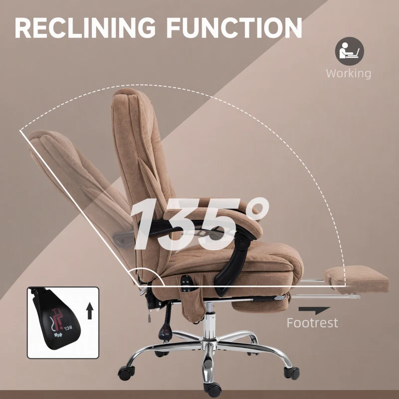 Vinsetto Massage Office Chair, Reclining Computer Chair with Adjustable Height and Footrest, Brown