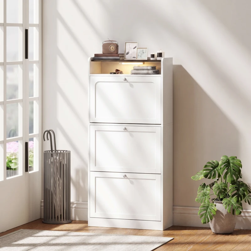 HOMCOM Shoe Cabinet with 3 Flip Drawers Slim Shoe Storage Cabinet with Sensor Light Top Shelf Home Hall White