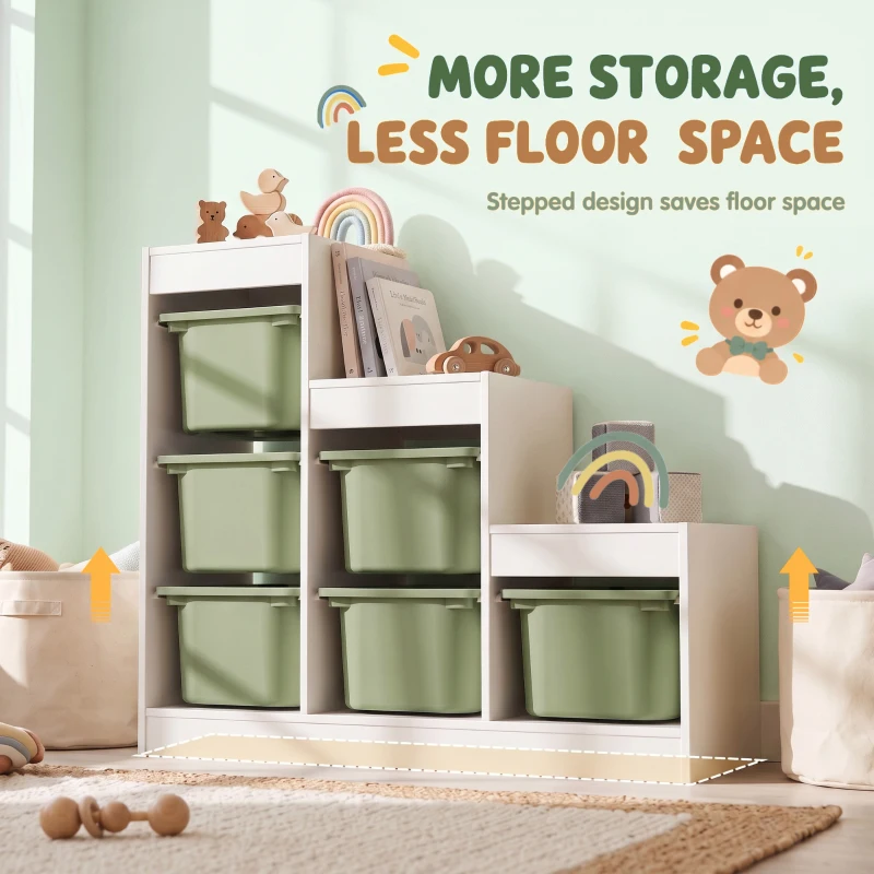 Qaba 3 Layers Toy Storage Organizer Kids Bookshelf Children Toy Storage w/ 6 Plastic Bins, Green
