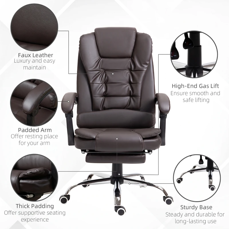 HOMCOM High Back Office Chair PU Leather Executive Office Chair with Retractable Footrest Padded Armrest Coffee
