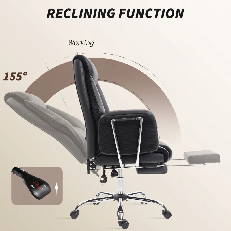 HOMCOM Reclining Office Chair, Overstuffed Executive Desk Chair with High Back, PU Leather, Footrest, Swivel Wheels, Black