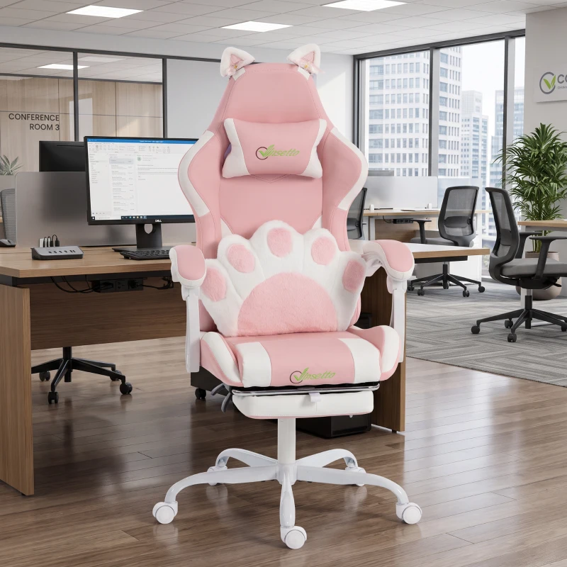 HOMCOM Cute Gaming Chair with Cat Ears, Gamer Computer Chair with Lumbar Support, Footrest, Headrest, Faux Leather, Pink