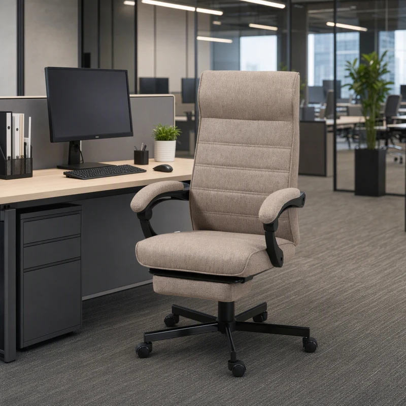 Vinsetto Office Chair, Linen High Back Computer Desk Chair, Swivel Recliner with Adjustable Height, Footrest and Padded Armrest, Brown