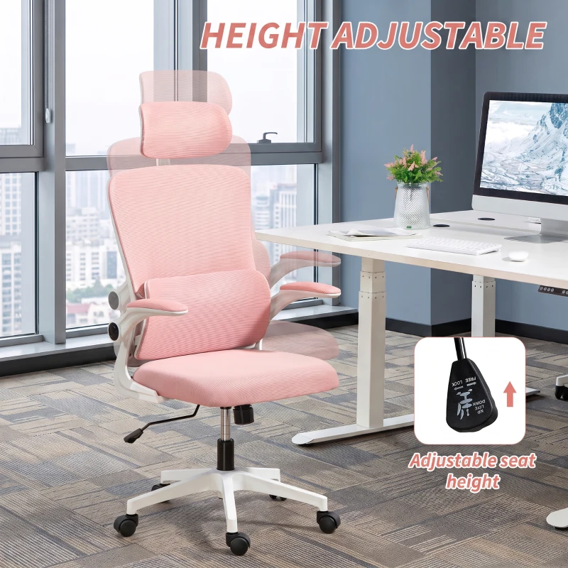 Vinsetto High Back Office Chair, Mesh Computer Desk Chair with Rotatable Headrest, Lumbar Back Support, Adjustable Height, Pink