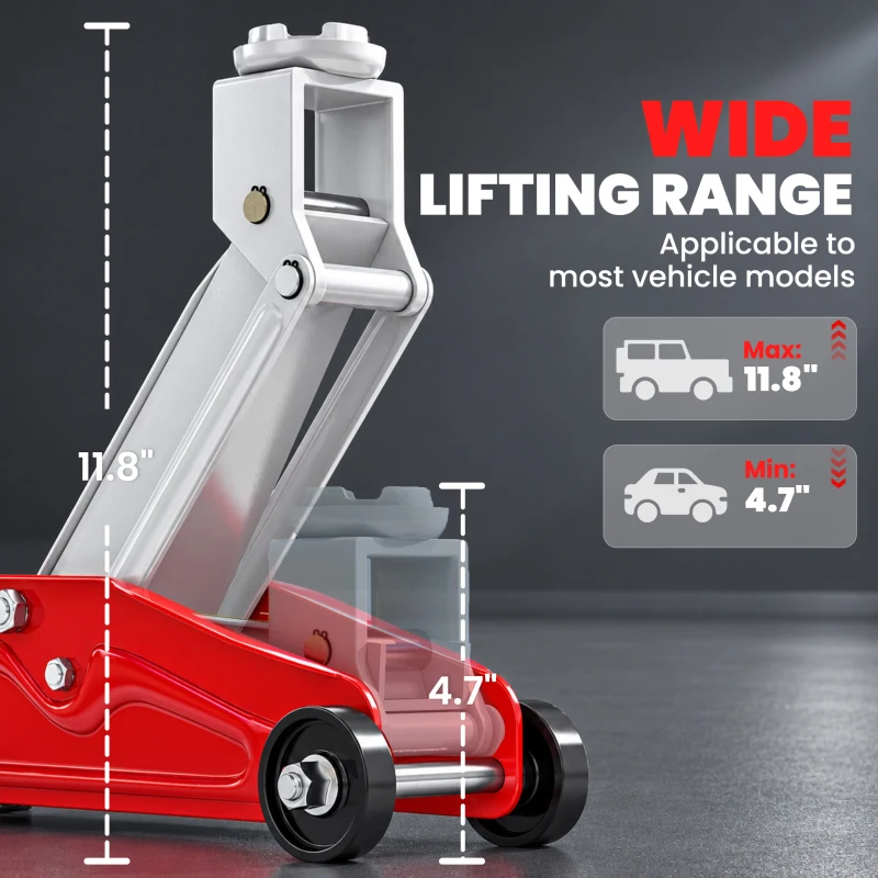 HOMCOM 2 Ton Low Profile Hydraulic Floor Jack, Heavy Duty Steel Racing Car Jack, 4.7"-11.8" Lift Range, Red