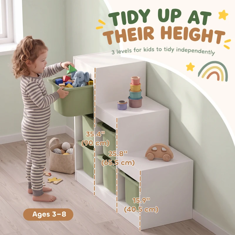 Qaba 3 Layers Toy Storage Organizer Kids Bookshelf Children Toy Storage w/ 6 Plastic Bins, Green