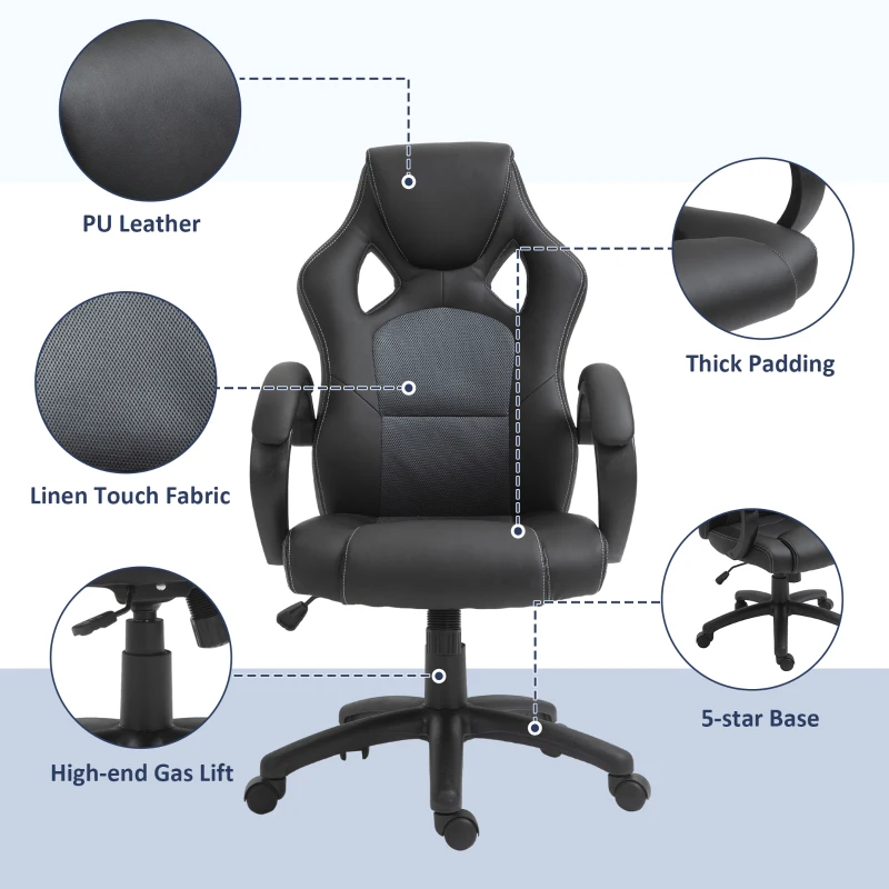 HOMCOM Racing Gaming Chair Office Chair Computer Desk Gamer Chair with Swivel Wheels, Padded Headrest, Tilt Function, Grey