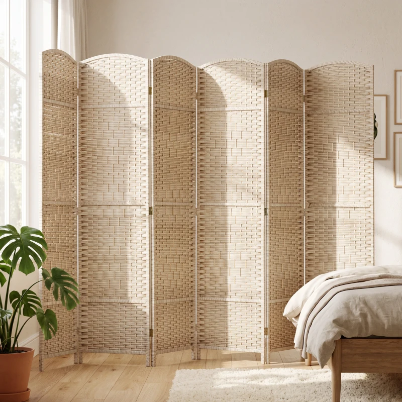 HOMCOM Folding Room Divider Screen 6 Panel 6' Tall Privacy Screen Freestanding Wood Partition for Home Office, Washed Oak