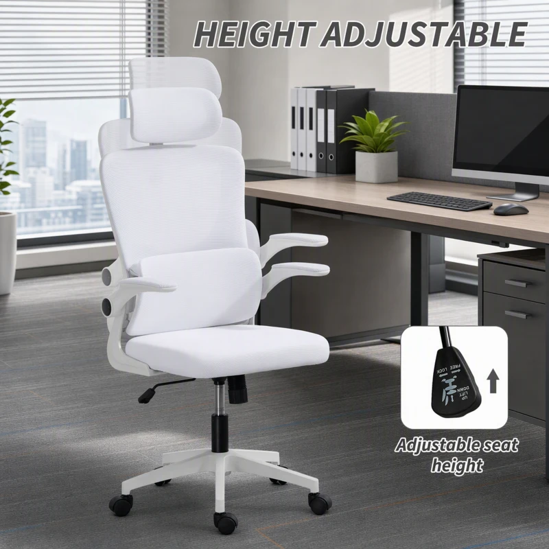 Vinsetto High Back Office Chair, Mesh Computer Chair with Rotatable Headrest, Lumbar Back Support, Adjustable Height, Cream White