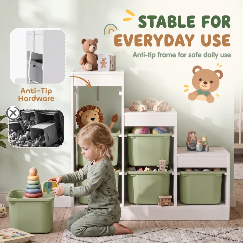 Qaba 3 Layers Toy Storage Organizer Kids Bookshelf Children Toy Storage w/ 6 Plastic Bins, Green