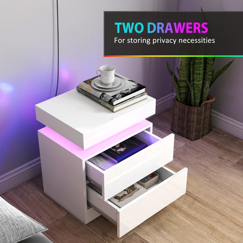 HOMCOM Nightstand Set of 2, End Side Tables with LED Lights, Bedside Tables with 2 Drawers, for Bedroom, White