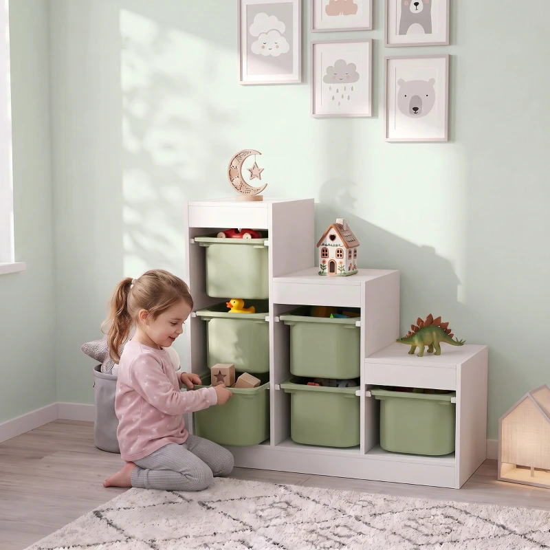 Qaba 3 Layers Toy Storage Organizer Kids Bookshelf Children Toy Storage w/ 6 Plastic Bins, Green