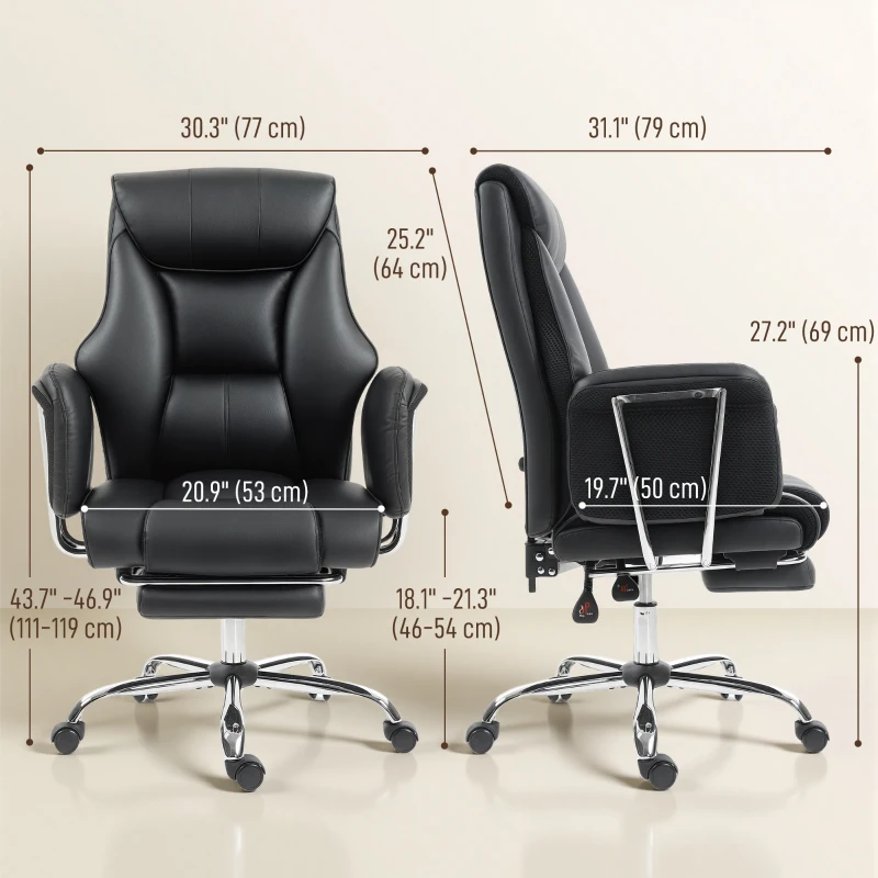 HOMCOM Reclining Office Chair, Overstuffed Executive Desk Chair with High Back, PU Leather, Footrest, Swivel Wheels, Black