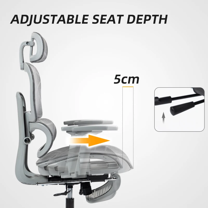 HOMCOM Ergonomic Office Chair with Lumbar Support, Mesh Office Chair with 3D Armrest, 135° Reclining, Adjustable Headrest, Grey