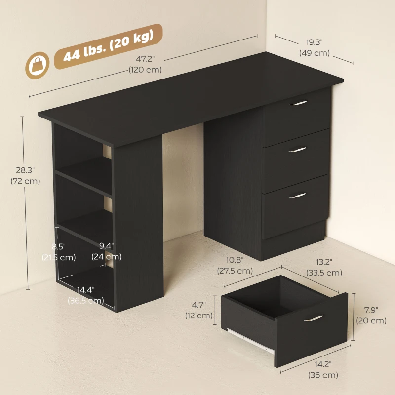 HOMCOM Computer Desk, 47" Writing Table with 3-Tier Shelves and 3 Reversible Drawers for Home Office, Bedroom, Black