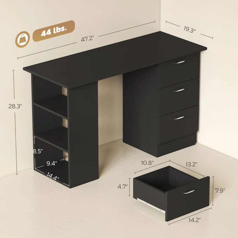 HOMCOM 47" Modern Home Office Computer Desk Bookcase Writing Table Workstation with 3 Drawer Storage Shelf Black