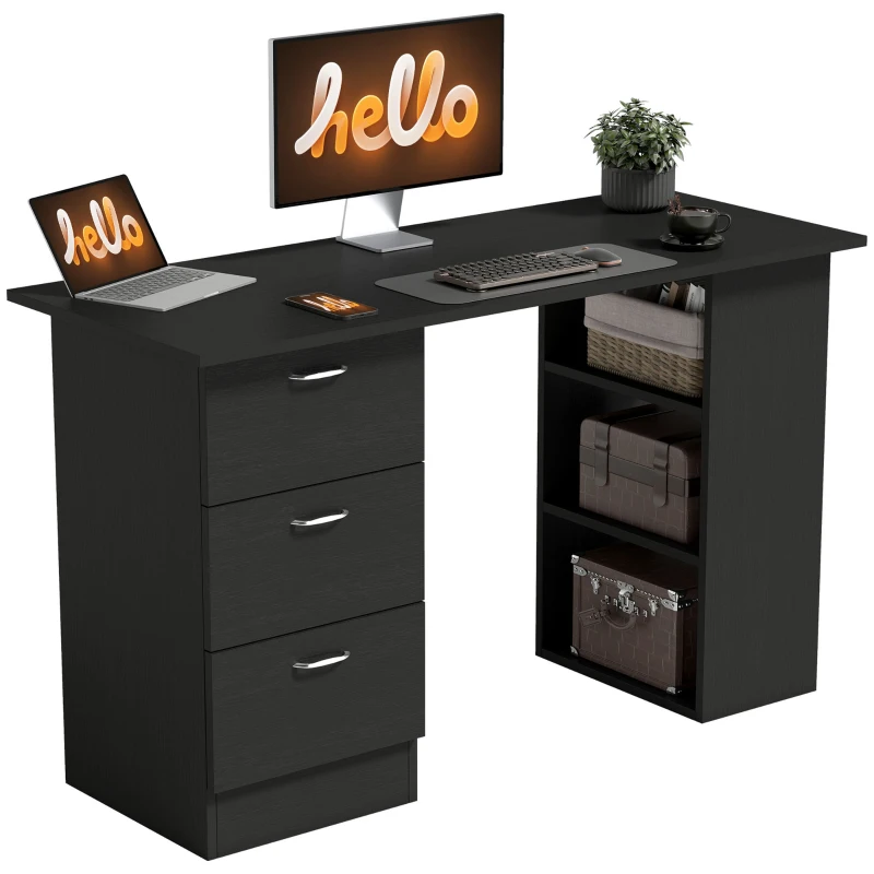 HOMCOM 47" Modern Home Office Computer Desk Bookcase Writing Table Workstation with 3 Drawer Storage Shelf Black