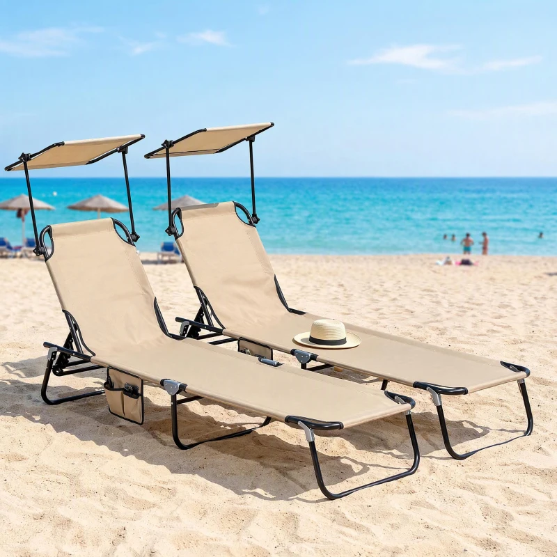 Outsunny Chaise Lounge Pool Lounge Chairs Set of 2, Outdoor Sun Tanning Chairs, Reclining Back, Steel Frame and Side Pocket, Tan