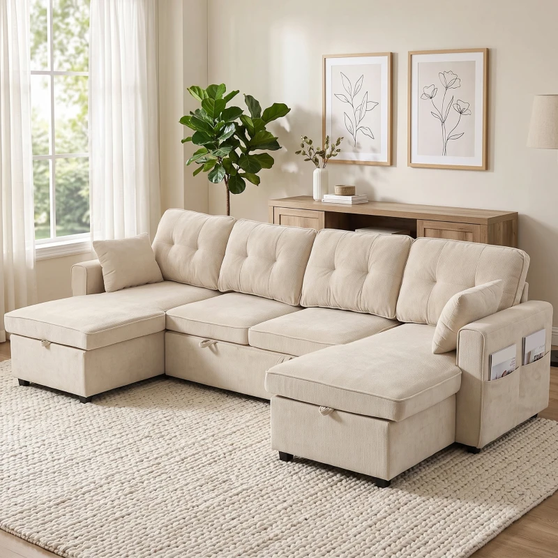 HOMCOM Sectional Sofa Bed, 113" U Shaped Pull Out Sleeper Sofa Bed with Dual Storage Chaises, Wide and Deep Seat, Beige
