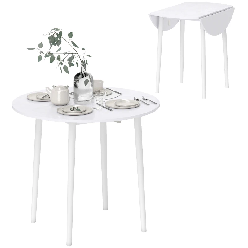 HOMCOM Folding Dining Table, Round Drop Leaf Kitchen Table for Small Spaces with Wood Legs, Distressed White