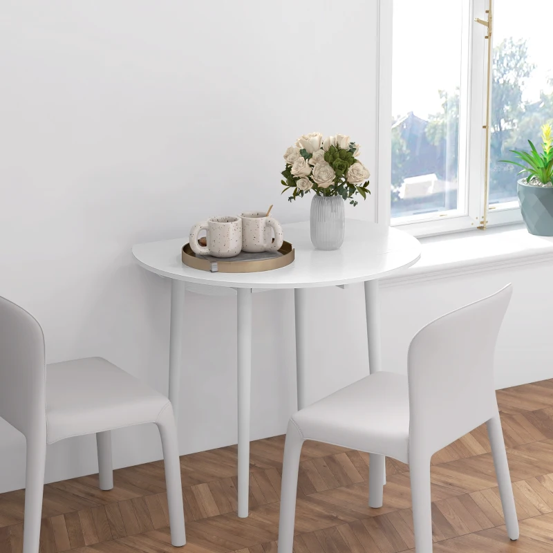 HOMCOM Folding Dining Table, Round Drop Leaf Kitchen Table for Small Spaces with Wood Legs, Distressed White