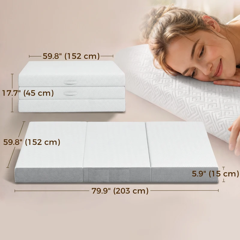 HOMCOM Foldable Mattress Queen Size, 6 Inch Tri Fold Memory Foam Mattress with Washable Cover & Non-Slip Bottom, 60" x 80" x6"