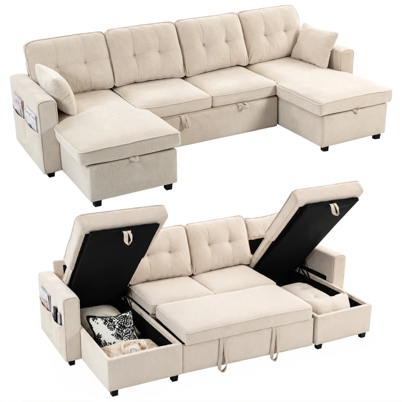 HOMCOM Sectional Sofa Bed, 113" U Shaped Pull Out Sleeper Sofa Bed with Dual Storage Chaises, Wide and Deep Seat, Beige