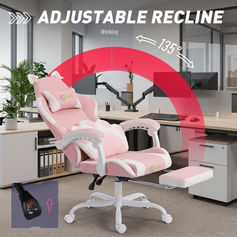 HOMCOM Cute Gaming Chair with Cat Ears, Gamer Computer Chair with Lumbar Support, Footrest, Headrest, Faux Leather, Pink