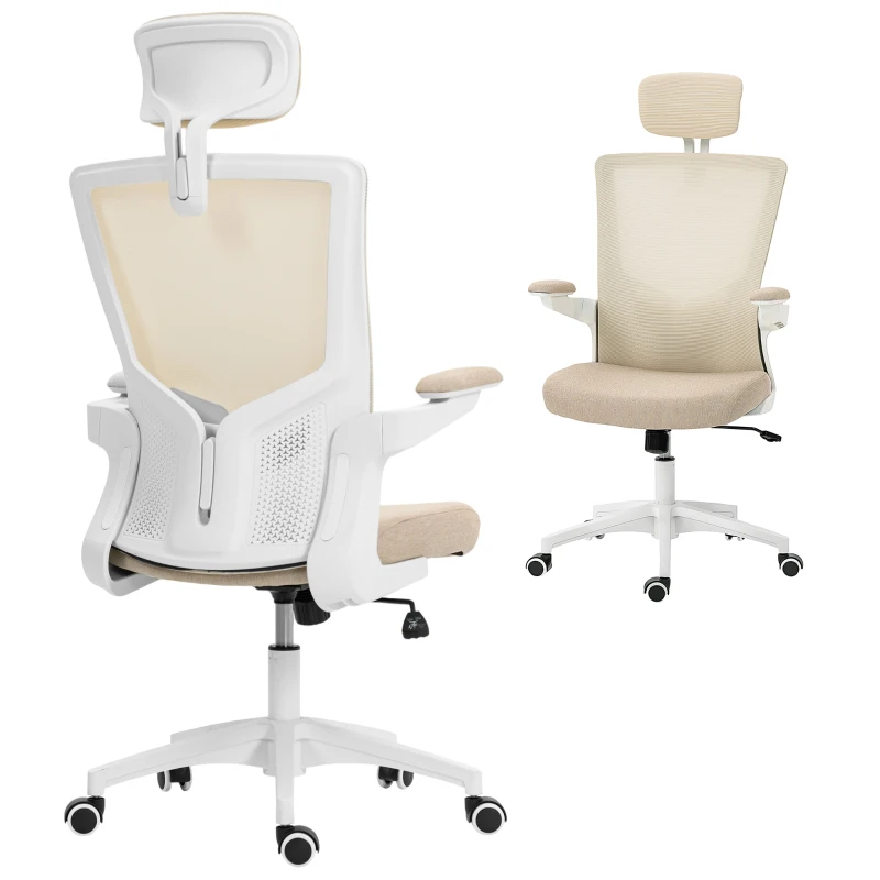 HOMCOM Ergonomic Office Chair, Swivel Desk Chair with Adjustable Lumbar Support, Headrest and Height, Flip-up Armrests, Beige