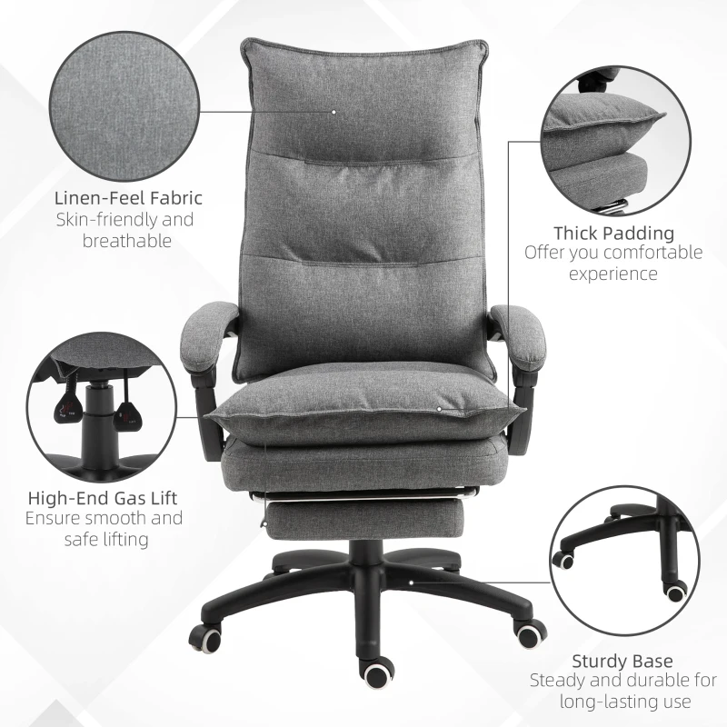 Vinsetto Office Chair 360° Swivel Adjustable Height Linen Style Fabric Recliner with Retractable Footrest and Double Padding, Grey