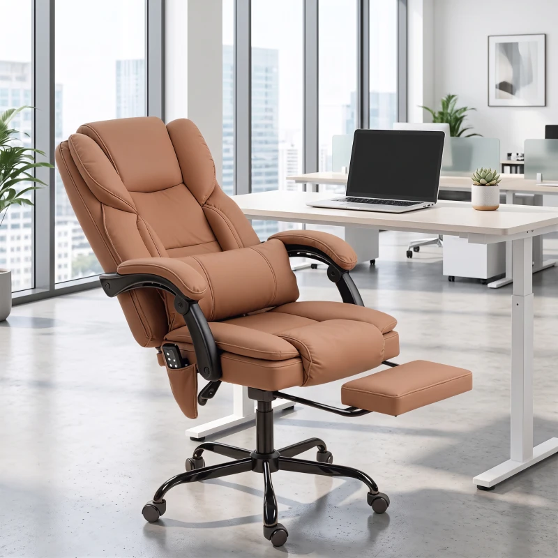 HOMCOM Office Chair with Massage, Scratch-resistant Faux Leather Reclining Desk Chair with Lumbar Support, Footrest, Brown