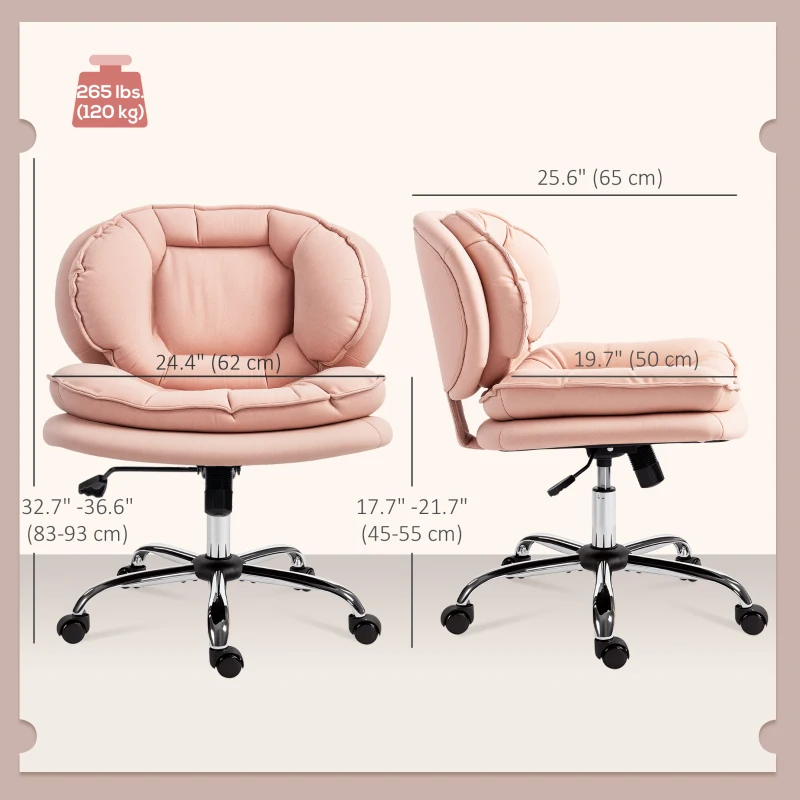 HOMCOM Armless office chair, Swivel Wide Office Chair with Leathaire Upholstery, Tilting, No Arm, Pink