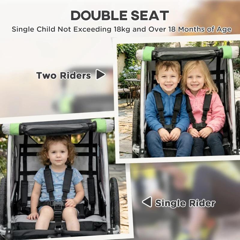 Aosom 2 Seat Bike Trailer for Kids 2-in-1 Double Baby Stroller with Handbrake, Rubber Wheels, 5 Point Harness, Green