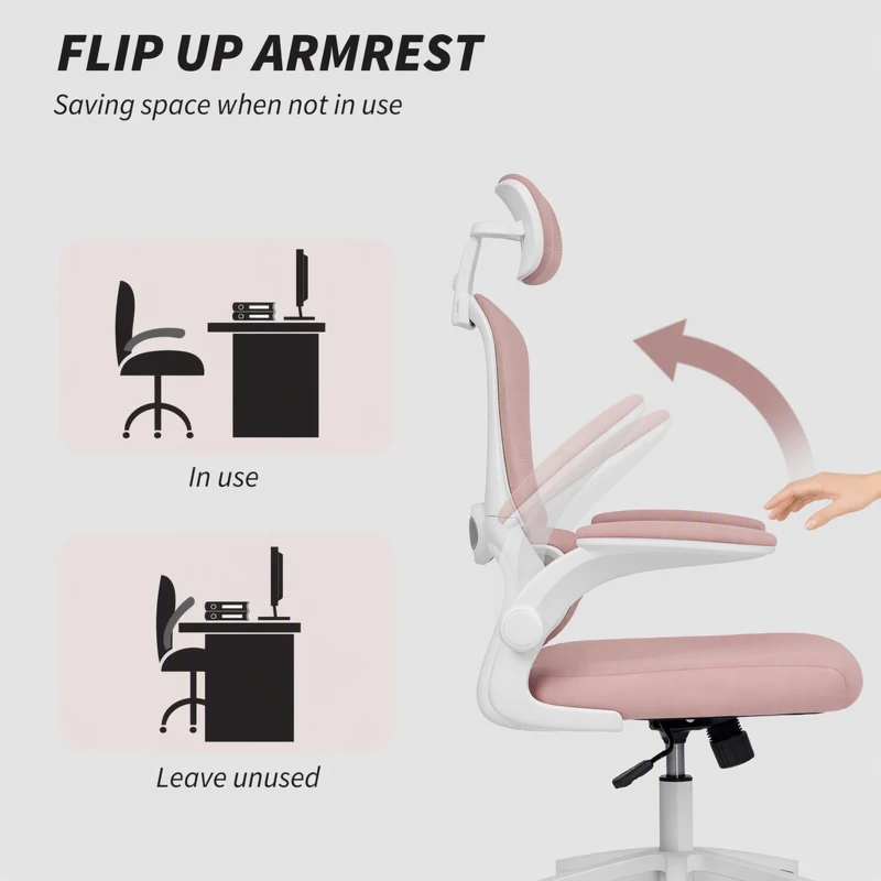 HOMCOM Ergonomic Mesh Office Chair, High Back Desk Chair with Rotatable Headrest, Flip-Up Armrests, Lumbar Support, Pink