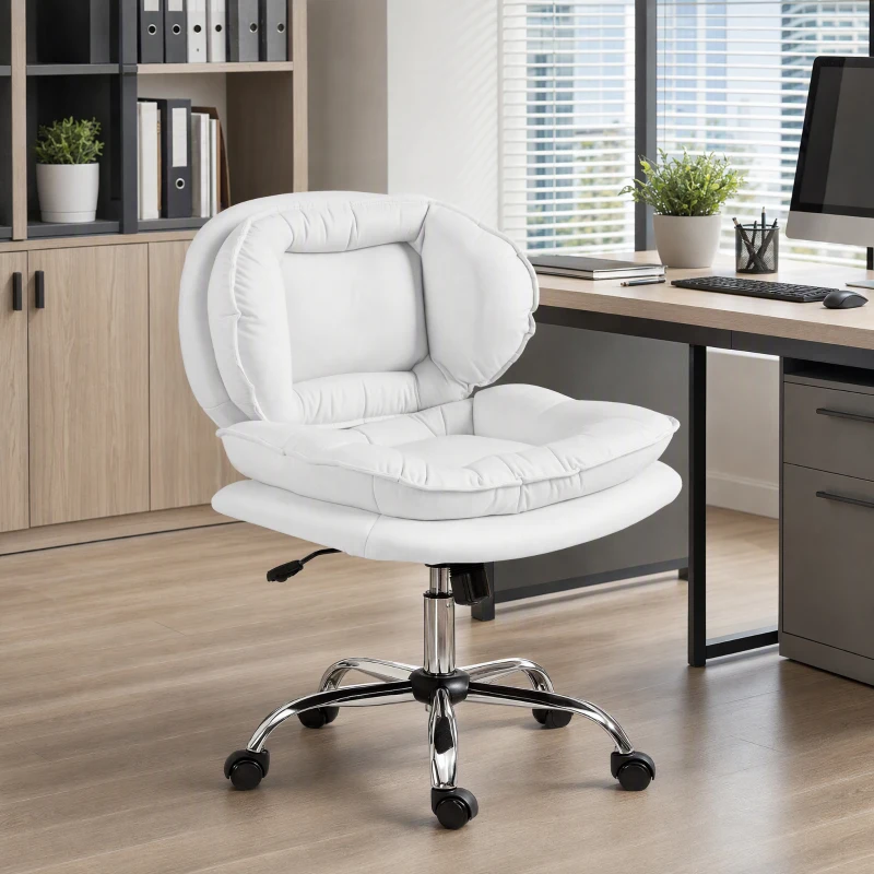 HOMCOM Armless office chair, Swivel Wide Office Chair with Leathaire Upholstery, Tilting, No Arm, White