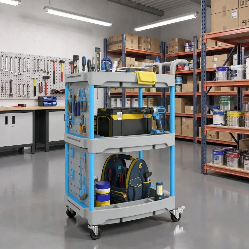 HOMCOM 3-Tier Rolling Tool Cart with Pegboard and Hooks, 286 LBS Capacity, Mobile Organizer, Gray and Blue
