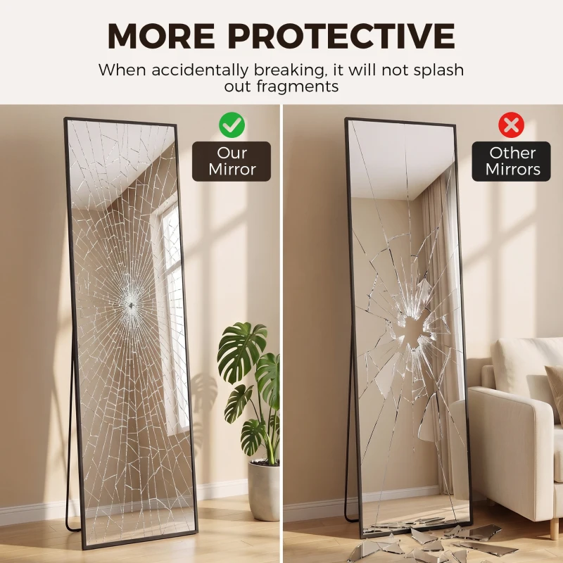 HOMCOM 64"x20" Full Length Mirror, Tempered Glass Floor Mirror with Stand, Standing, Hanging or Leaning Against Wall, Black