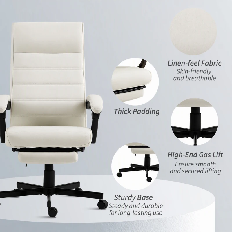 Vinsetto Office Chair, High Back Desk Chair, Swivel Recliner with Adjustable Height, Footrest and Padded Armrest, Cream White